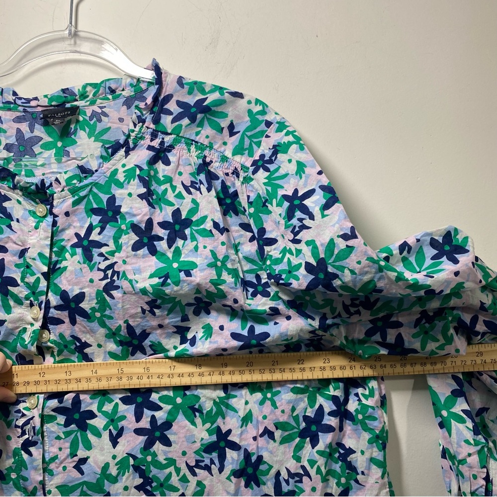 Talbots Women’s Blouse 3X Green Floral Ruffle Neck Cotton Long Sleeve Button - Picture 9 of 10